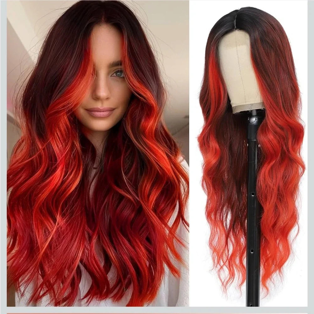 Long Red Wavy Wig 26 Inch Ombre Red Middle Part Curly Synthetic Hair Wig